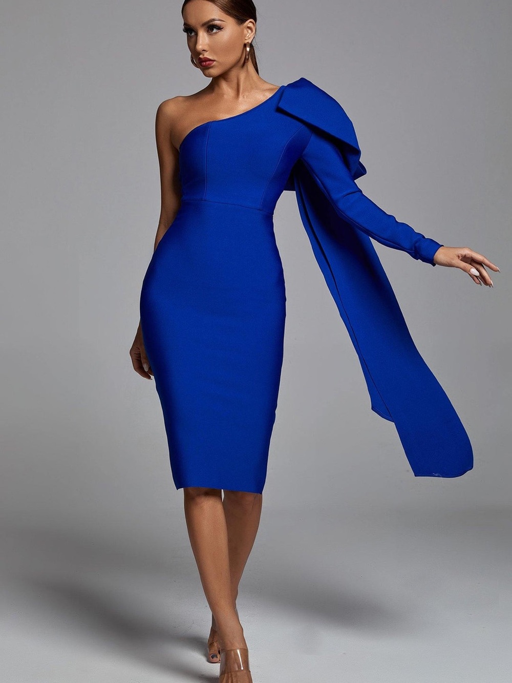 Navy blue one shoulder dress with bow